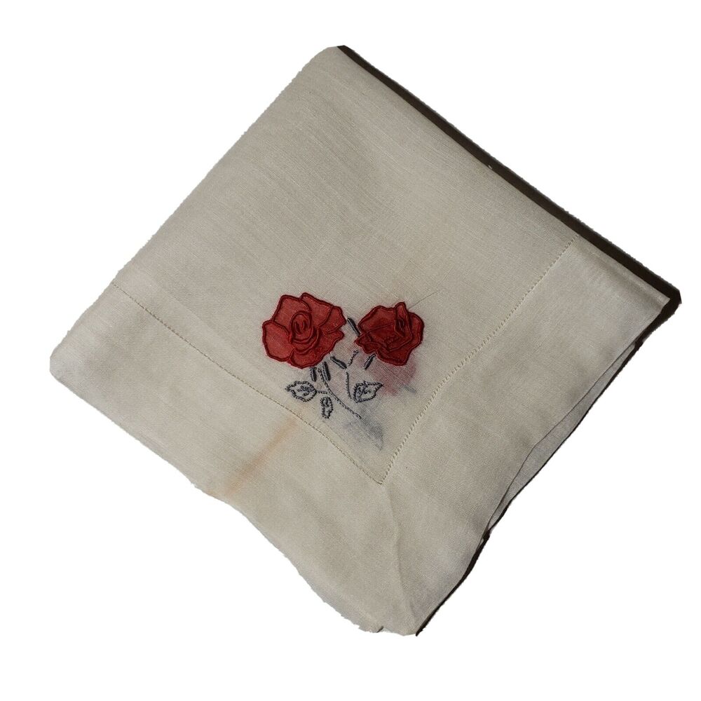 VTG 1960'S Hankie Red Rose Embroidered Flowers Bridal Wedding Something Old - Picture 2 of 12